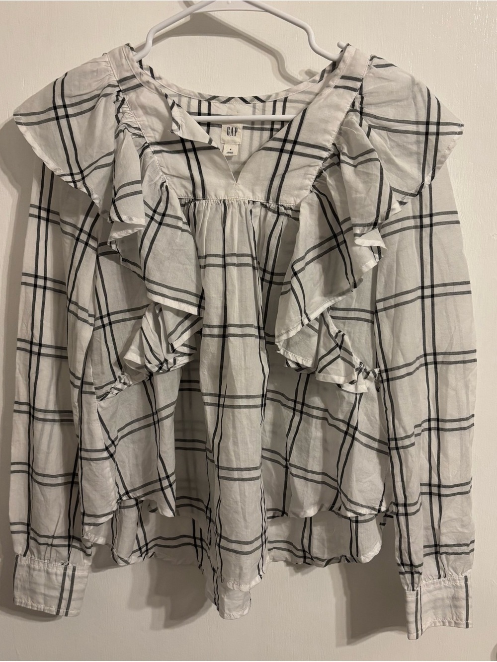 GAP White Blouse with Black Windowpane Ruffles